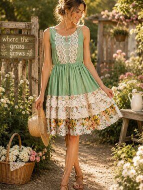 Matilda Jane Where the Grass Grows Dress | Cottagecore Lace Floral Midi | Large